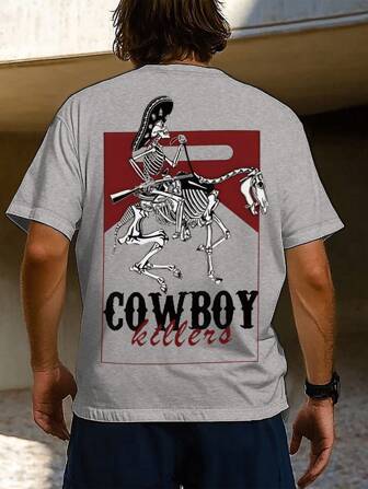 Manfinity Dauomo 男士休闲骷髅和字母印花短袖 T 恤，夏季