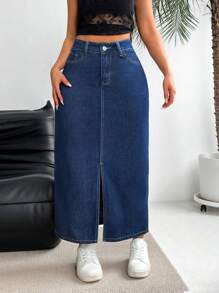 EMERY ROSE Women's Casual Denim Midi Skirt With Slit, Daily Wear