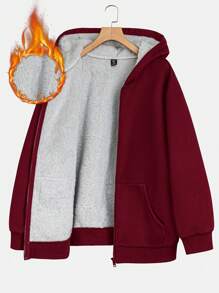 SHEIN LUNE 加大码撞色保暖内衬保暖舒适连帽夹克带拉链口袋冬季夹克 - 酒紅色 - 查看 6