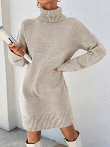 EURMUSE 女士纯色高领长袖迷你连衣裙，休闲简约风格，适合日常穿着 - 米色 - 查看 5