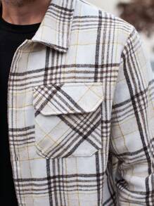 Manfinity Homme Men's Plaid Print Button Up Pocket Long Sleeve Coat, Fall Clothes