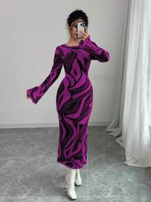 Elenzga Women All Over Pattern Flare Sleeve Sweater Dress, Autumn/Winter - Purple - View 4