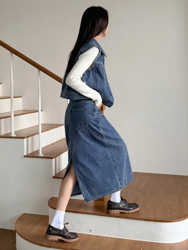 Women Front Button Sleeveless Pocket Casual Denim Suit