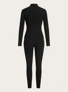 SHEIN EZwear Set de 2 piezas de chaqueta con cremallera y cuello acanalado de unicolor casual y leggings para mujer, otoño