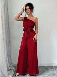Elenzga 女式缎红色阔腿圣诞派对连体裤 - 紅色 - 查看 5