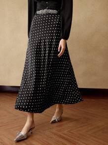 MOTF PREMIUM SATIN POLKA DOT PRINT RHINESTONE WAIST LONG SKIRT - Black - View 10