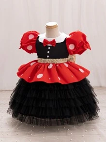 Glamorique Kids Christmas Party Santa Dress, New Year's Dress For Young Girl - Black & White Polka Dot, Sparkle Print, Puff Sleeve Princess Dress With Tiered Skirt, Bowknot, Gold Glitter Stage Performance Costume