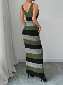 Selianne 女士宽松宽肩带条纹毛衣裙，休闲日常穿着 - 綠色 - 查看 2