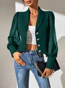 Celisse Women's Solid Color Shawl Collar Mesh Lantern Sleeve Single-Breasted Elegant Blazer Jacket, Autumn Fall Cloth For Women - Dark Green - View 5