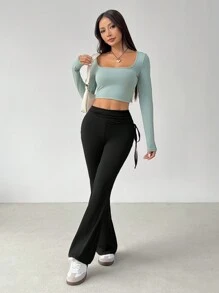 SHEIN PETITE Pantalon flare noir slim avec cordon de serrage latéral, style de mode de rue rétro pour femmes - Noir - Voir 4