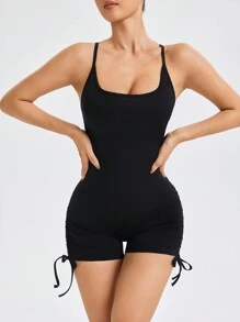 Easithlete Damski jednokolorowy kombinezon z ramiączkami typu spaghetti, dopasowany krój, swobodny, codzienny ubiór - Czarne - Zobacz 3