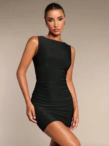 SHEIN BAE 女式纯色简约日常派对迷你紧身连衣裙，褶饰，无袖，适合日常穿着和派对，红色 - 黑色 - 查看 4