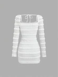 SHEIN Unity Bow Lace Panel Square Neck Ruffle Front Long Sleeve Dress For Women - White - View 2