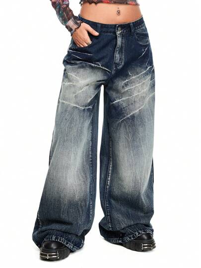 Grunge Punk Women Low-Waist Oversized Washed Loose Fit Baggy Boy Friend Jeans