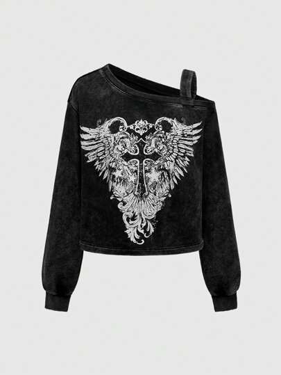 Sweat-shirt asymétrique avec imprimé d'aile et de croix, style punk pour femmes