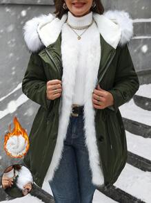 Calvaya Plus Size Long Sleeve Hooded Mid-Length Padded Padded Padded Coat With Fur Lining, Women Winter Clothes Clothes - Green - View 5