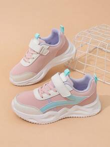 1 Pair Gray & Purple Kids Sports Shoes, Casual Sneakers, Breathable Leather Upper, Hook And Loop Closure, Lightweight Sole