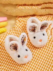 1 双女婴卡通 3D 兔毛毛绒拖鞋，保暖踝靴一脚蹬鞋，柔软鞋底，防滑，适合冬季 - 米色 - 查看 4