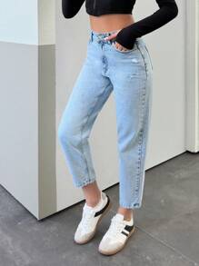 RueChic Women's Casual Washed Side Pocket High Waist Mom Fit Jeans, Spring/Autumn