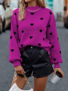 SHEIN LUNE 女士高领长袖爱心图案休闲套头毛衣针织衫秋冬款 - 紫羅蘭色 - 查看 5