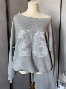 DAZY Women's Oblique Shoulder Long Sleeve Numeric Print Minimalist Sweatshirt, Casual For Daily Wear,Fall Clothes - Grey - View 1