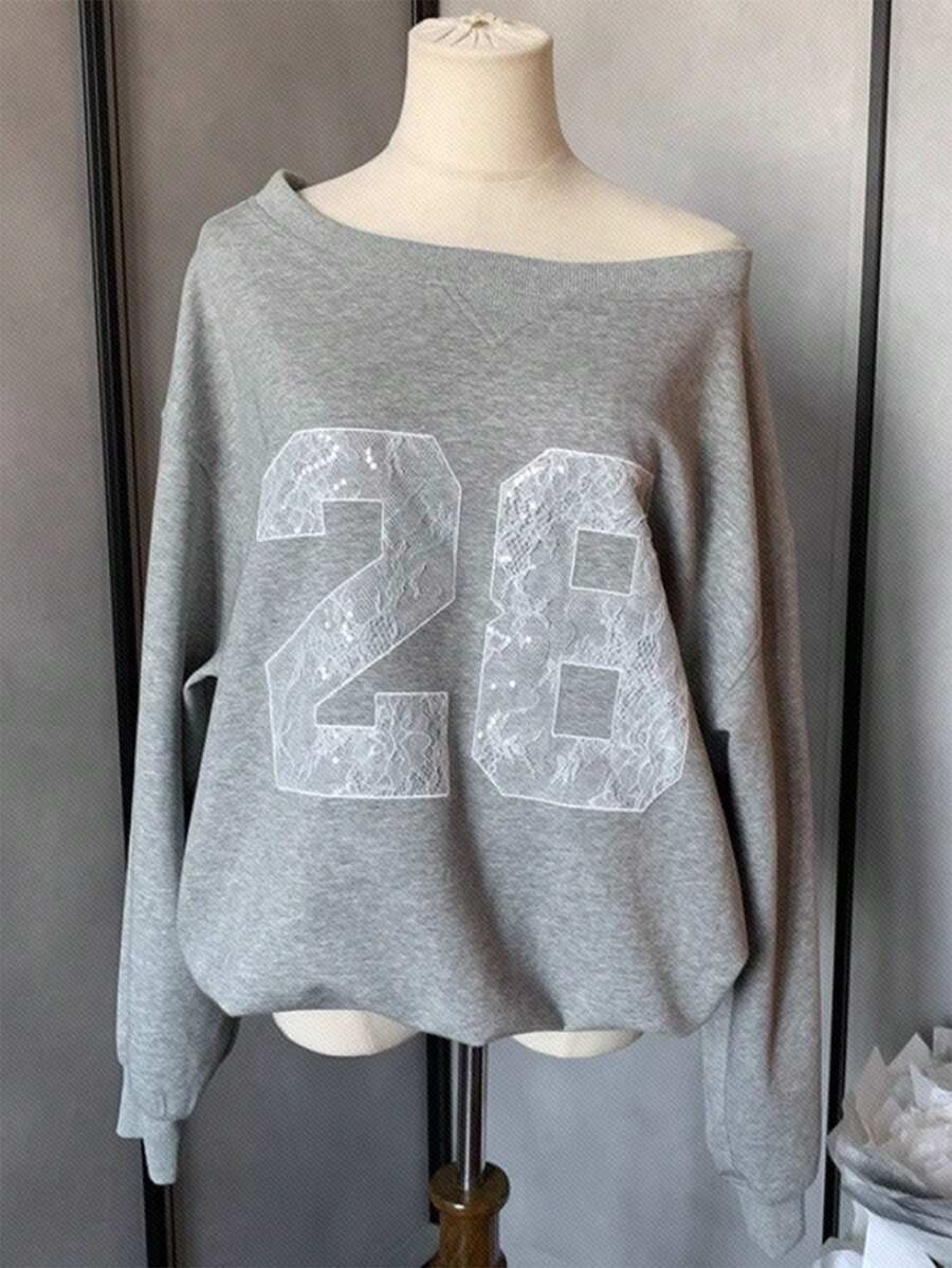 DAZY Women's Oblique Shoulder Long Sleeve Numeric Print Minimalist Sweatshirt, Casual For Daily Wear,Fall Clothes - Grey - View 1