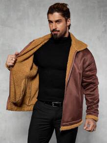 Manfinity Homme Men's Plain Long Sleeve Zip-Up Fleece Casual Jacket, Autumn/Winter, Old Money Style - Brown - View 6