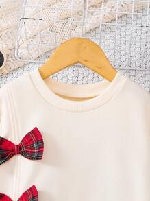 SHEIN 2pcs Girls Fashion Casual Cute Big 3D Plaid Bow Decor Top And Woven Plaid Skirt Set, Suitable As Christmas Gift, New Year Gift, Holiday Gift, Outdoor, Travel, Daily, Suitable For Autumn, Spring, Fashionable, Cute, Stylish - Purple - View 3
