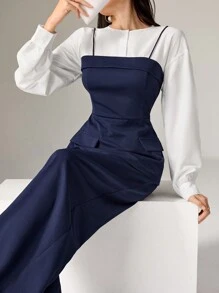 Heiryn 2pcs Women Casual Contrast Color 2 In 1 Waist Top & Pants Set, Autumn 2 Pieces Set - Navy Blue - View 4