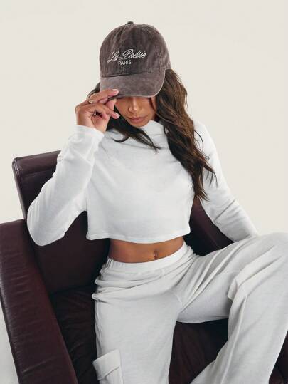 Athîral 2pcs Women Casual Solid Color Turtleneck Cropped Top And Full Length Pants Set, Autumn