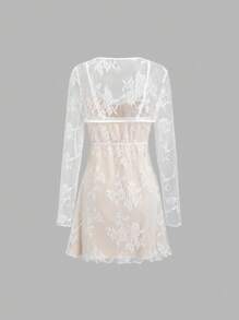 Sweetra 2 件套女士细肩带蕾丝连衣裙搭配披肩开衫，性感白色蕾丝连衣裙搭配杏色披肩，腰部清晰，优雅，秋季/春季 - 彩色 - 查看 2