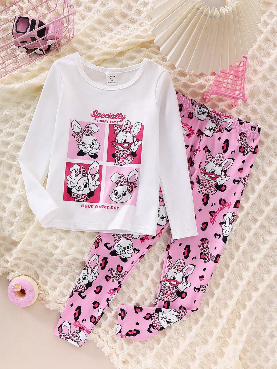 SHEIN 小女孩圣诞鳄梨印花白色上衣和绿色裤子 2 件套舒适贴身睡衣套装 - 彩色 - 查看 1