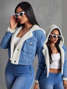 SHEIN EZwear Women's Autumn/Winter Contrast Color Long Sleeve Hooded Short Denim Jacket With PocketsThermal Thickened Denim - Blue - View 1