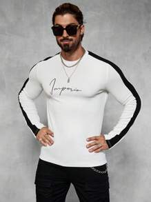 Manfinity Homme Áo thun nam cổ tròn tay dài in chữ màu trơn, họa tiết chắp vá nhiều màu, quà tặng bạn trai - Đen và trắng - Xem 5