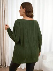 SHEIN LUNE Plus Size Solid Color Ribbed Loose T-Shirt, Casual & Simple, Autumn Plus Size Fall Clothes