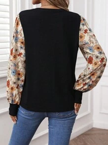 SHEIN LUNE Women Casual Floral Pattern Color-Block Basic Pullover Top, Suitable For Autumn/Winter Everyday Wear Winter Tops Blouse Crop - Multicolor - View 3