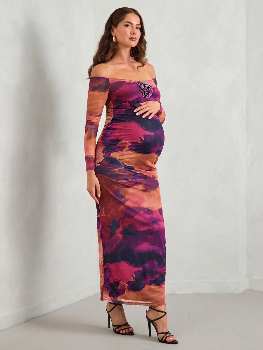 SHEIN MaterniChic Off Shoulder Ruched Rose Flower Decor Dress For