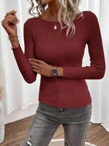 SHEIN Clasi Áo len bó cổ tròn dài tay màu trơn cho nữ, mùa thu - Màu Đỏ Sâu - Xem 4