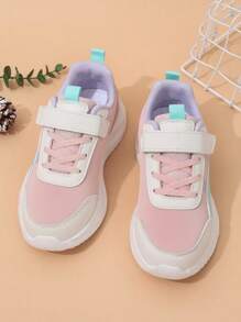 1 Pair Gray & Purple Kids Sports Shoes, Casual Sneakers, Breathable Leather Upper, Hook And Loop Closure, Lightweight Sole