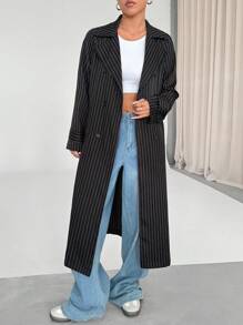 SHEIN Unity Áo khoác Trench dành cho nữ, eo bó, cổ khoét, hàng khuy đơn, tay dài, dáng ôm, phong cách giản dị, sọc dọc đen trắng, phù hợp cho mùa thu/đông - màu đen - Xem 5