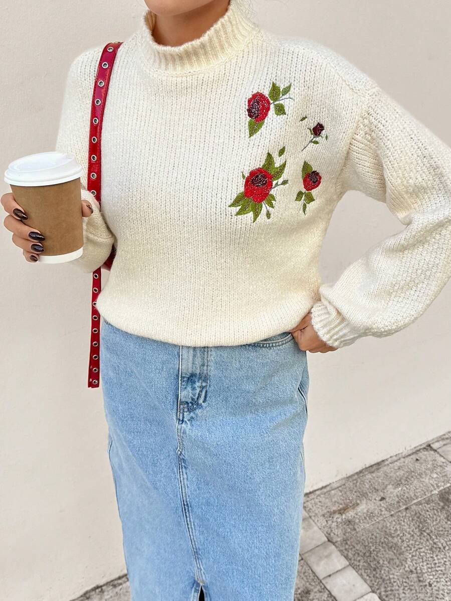 EURMUSE Women Embroidery Detailed Mock Neck Drop Shoulder Pullover - Beige - View 1