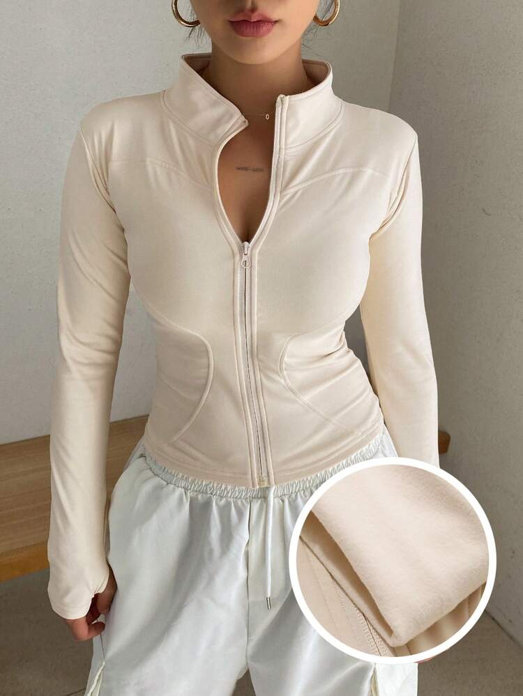 Women's Solid Color Stand Collar Slim Fit Fleece Jacket, Autumn Winter