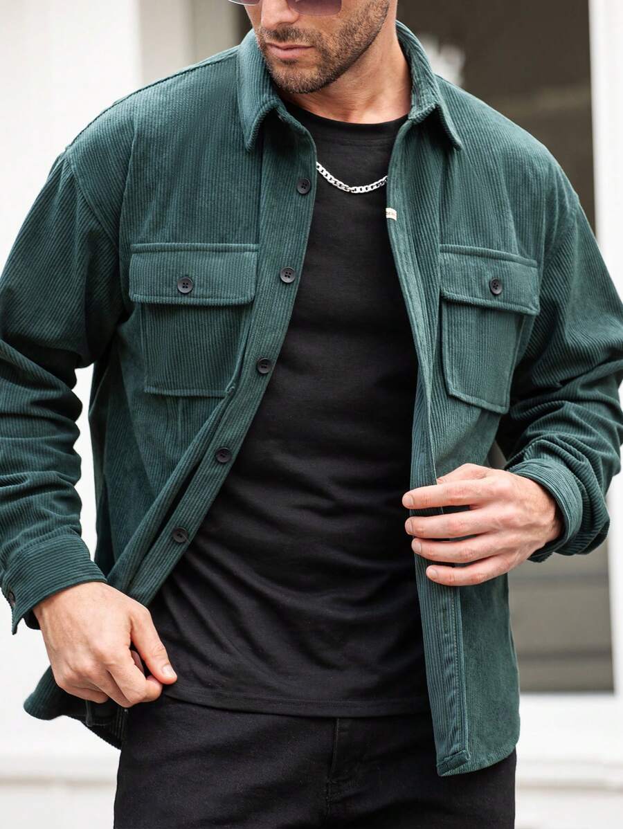 Manfinity Homme Men's Casual Solid Color Flap Pocket Plain Long Sleeve Shirt, Autumn, Husband, Going Out