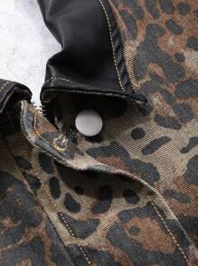 DAZY Women's Autumn Casual Leopard Print Zip-Up Loose Denim Jacket Cheetah Print
