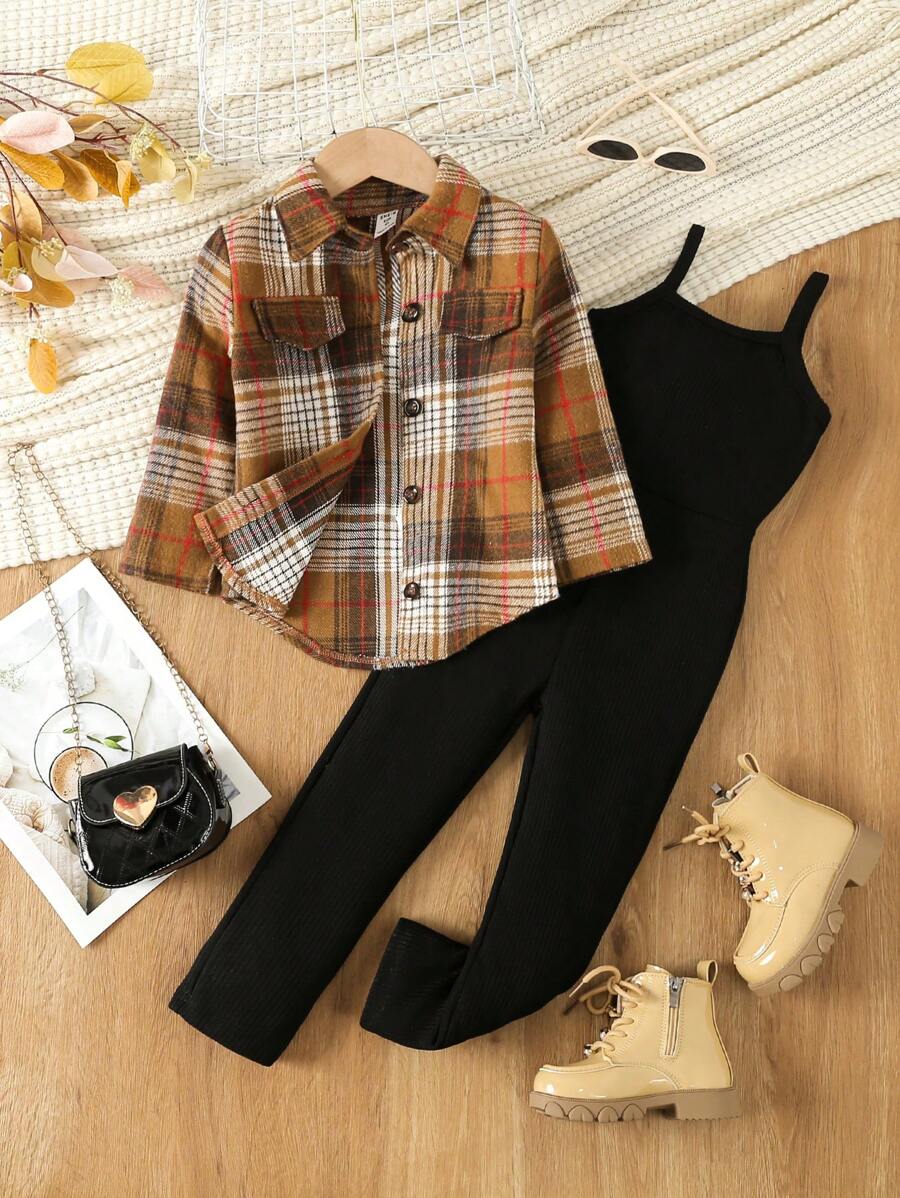 SHEIN Young Girl Plaid Print Flap Detail Shirt & Cami Jumpsuit