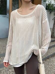 INAWLY Women's Solid Color Long Sleeve Oversized Crew Neck Casual Sweater, Knit Pullover Fall Winter - Apricot - View 5