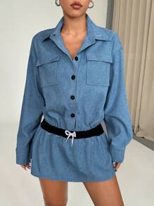 Flirla College Stil offene Front Kleid für Damen mit Mehreren Taschen