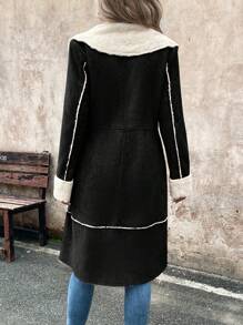 SHEIN LUNE 女款休閒復古棕色中長版複合保暖內裡常規大衣，冬季款 - 黑色 - 查看 2