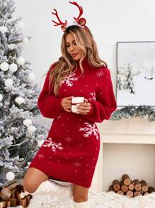 SHEIN LUNE 女式圣诞红色雪花图案高领毛衣连衣裙，秋冬 - 紅色 - 查看 6