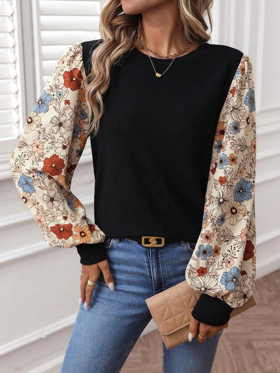 SHEIN LUNE Women Casual Floral Pattern Color-Block Basic Pullover Top, Suitable For Autumn/Winter Everyday Wear Winter Tops Blouse Crop